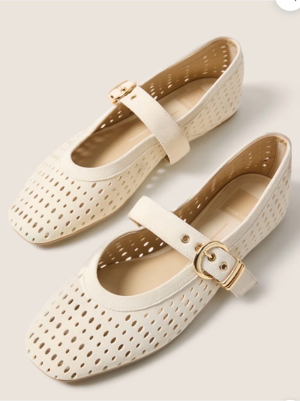 Dolce Vita Cream Perforated Mary Jane Flats with Gold Buckle Strap